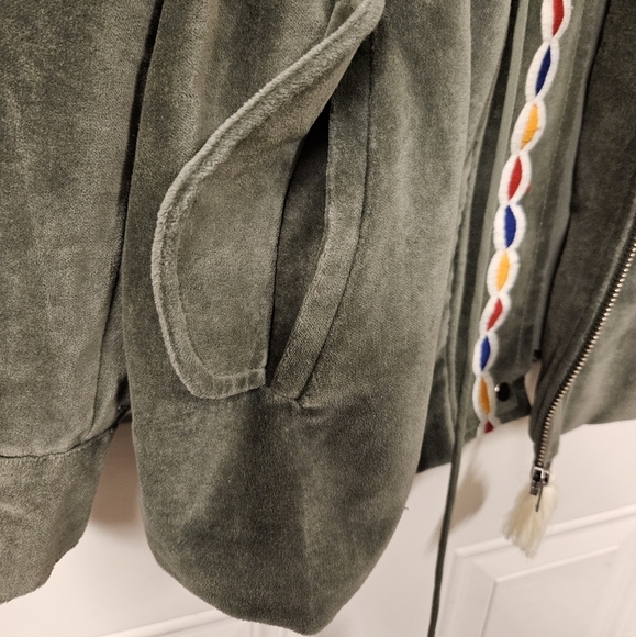 Anthro Aztec South Western Embroidered Tassel Olive Velvet Parka Jacket size M - Picture 10 of 16